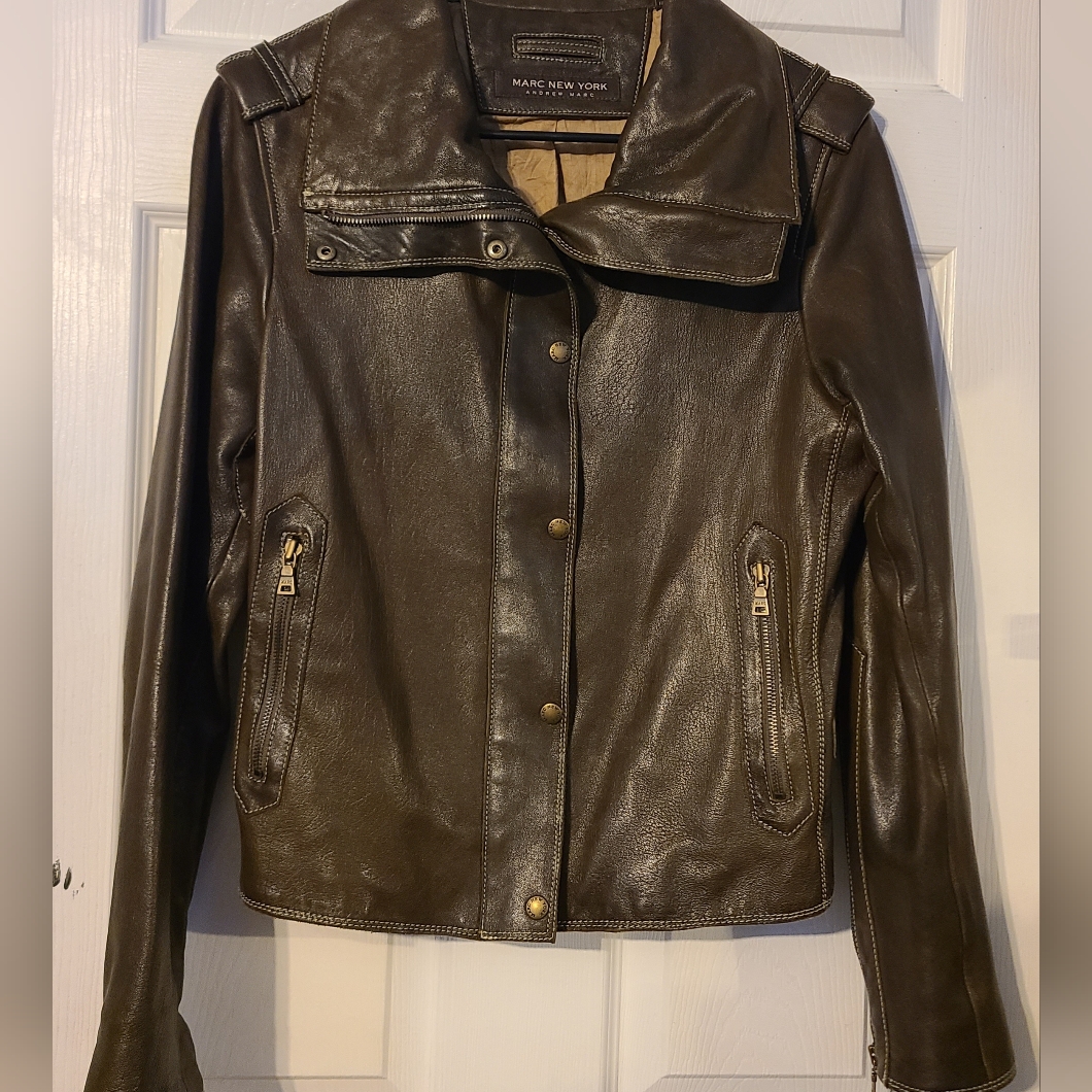 Marc New York Brown Leatherjacket Moto Avant Guarde Funnel Collar Zippers Sz L